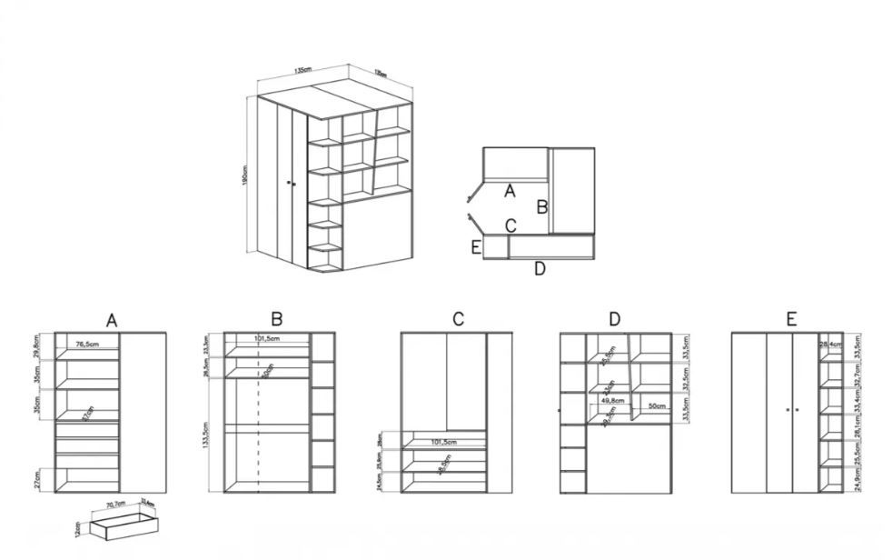 Kotna garderobna omara DL1 DELTA dimenzije