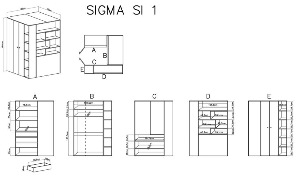Kotna garderobna omara SI1 SIGMA dimenzije