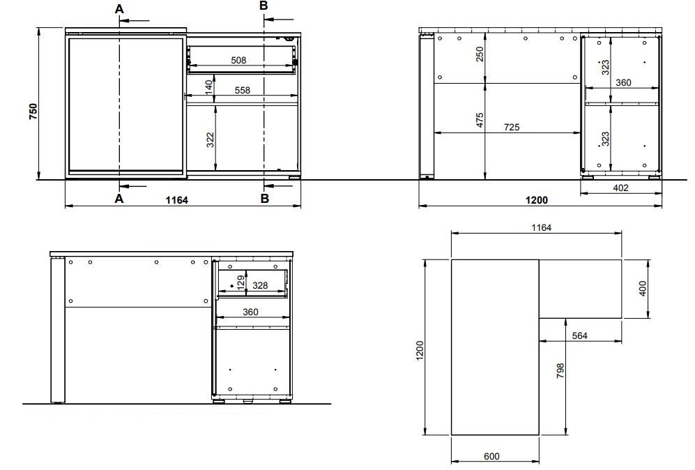 Kotna pisalna miza Lioni dimenzije