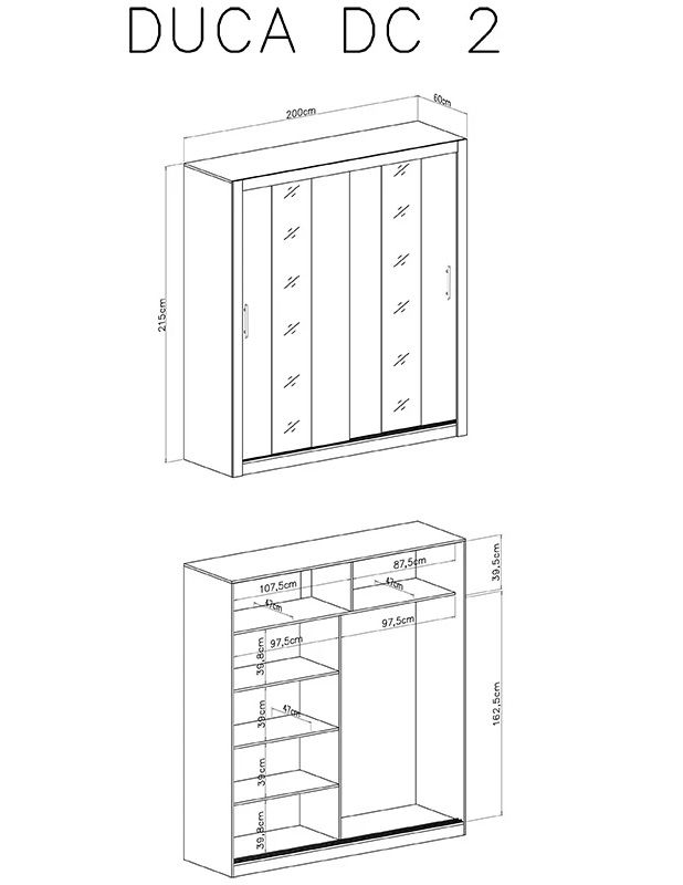 Drsna omara z ogledali DUCA II dimenzije