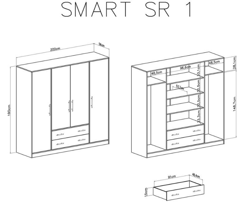 Garderobna omara SMART z ogledalo SRL1 dimenzije