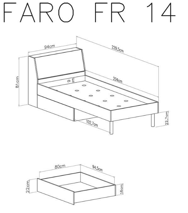Postelja 90x200 FARO dimenzije